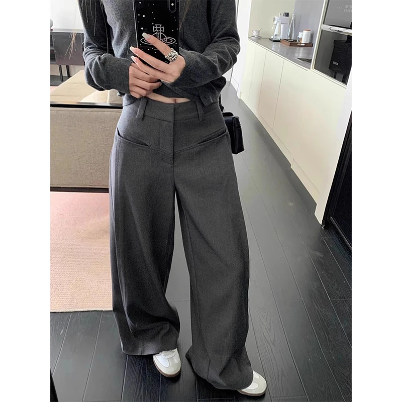 韩版灰色阔腿西装裤休闲裤女春季新款百搭高腰显瘦直筒裤拖地裤子