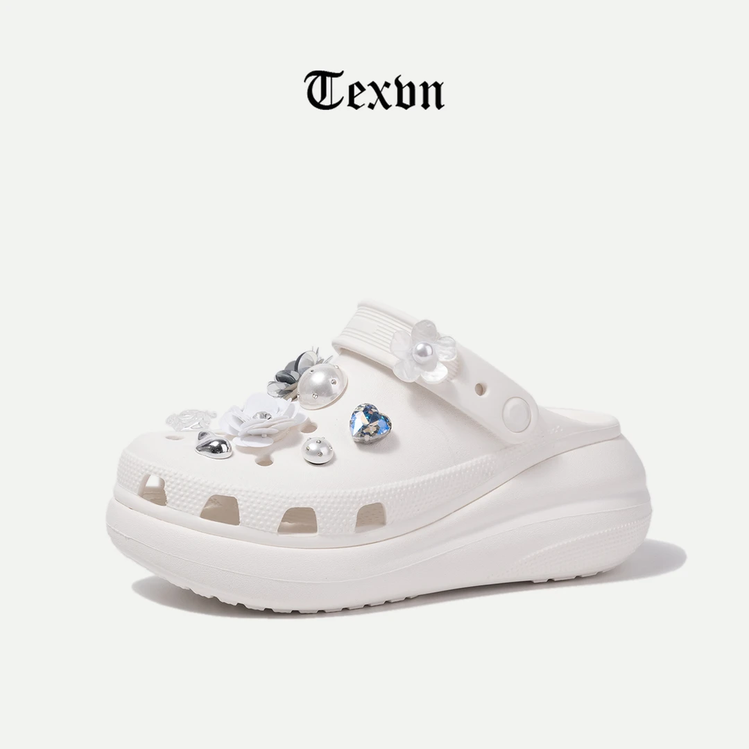 镂空包头松糕跟包跟舒适女洞洞鞋防滑厚底外穿时尚花朵水钻装饰