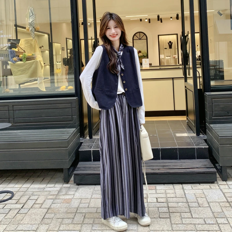 韩系老钱风休闲马甲条纹阔腿裤套装女2025秋季新款打底衫三件套