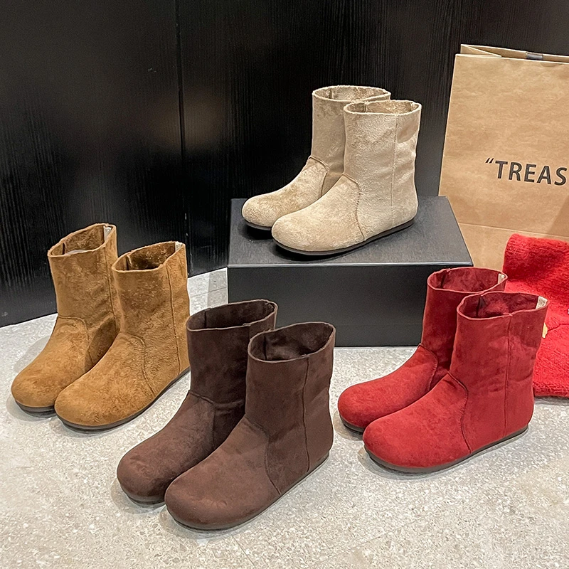 韩版复古磨砂软面短靴2025新款时尚百搭平底绒皮勃肯美拉德瘦瘦靴