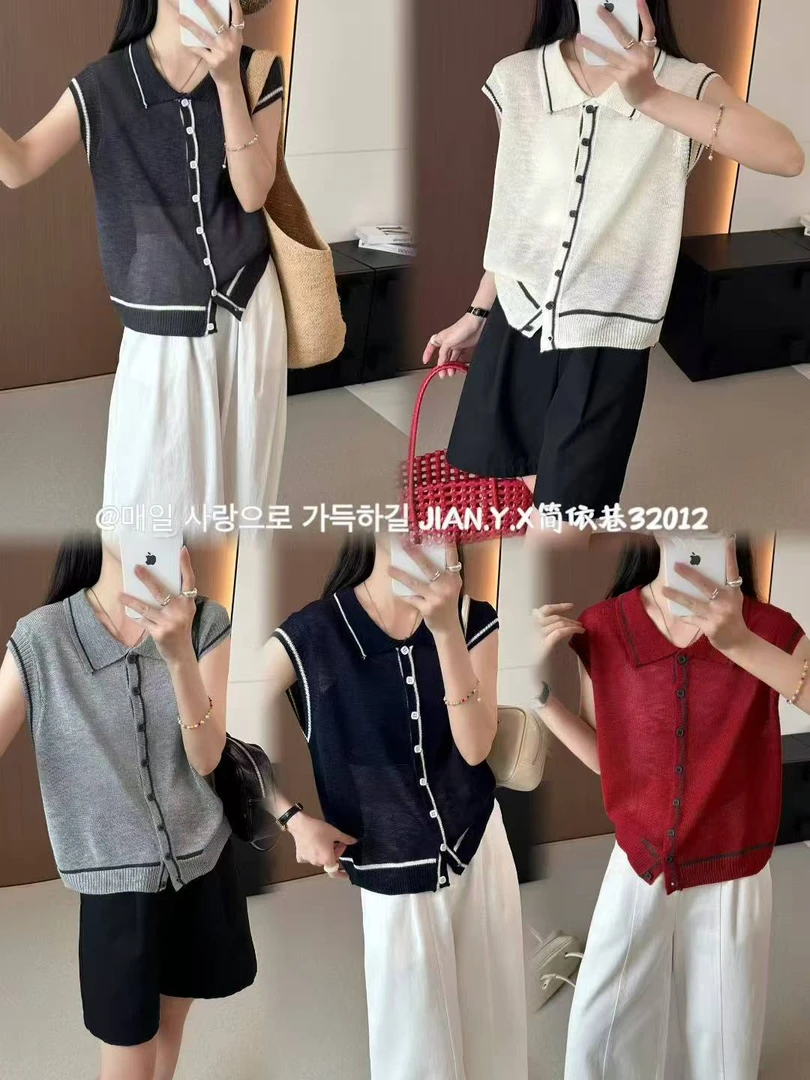 翻领套头款无袖夏季纯色毛针织衫撞色显瘦初恋风港风