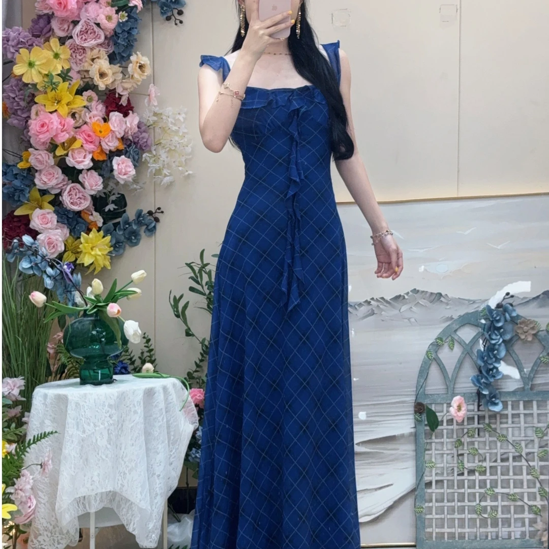 夏季新款吊带修身显瘦法式风大A摆时尚轻奢吊带连衣裙