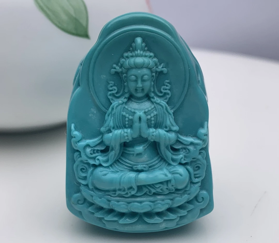 湖北原矿绿松石玉化蓝观音吊坠挂件，尺寸37×25.7×15.7mm