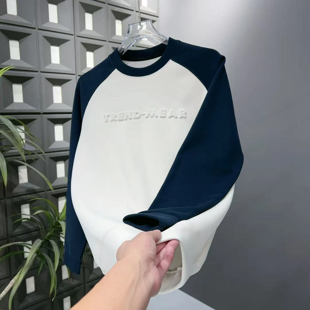 秋冬季新款男士简约百搭圆领撞色潮流男士潮流加厚加绒卫衣