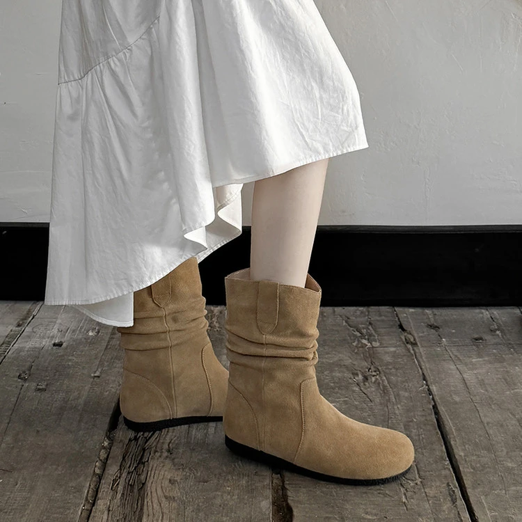 内增高勃肯短靴复古美拉德牛反绒慵懒风堆堆靴女西部牛仔靴