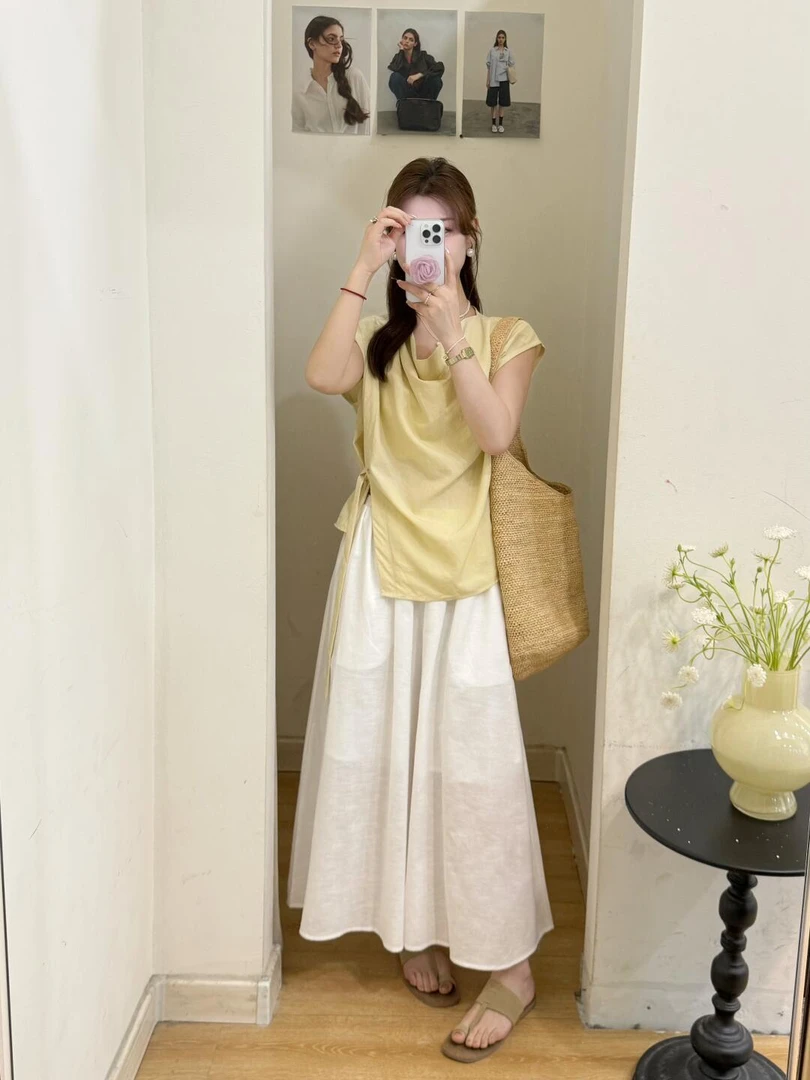 2025夏季新款韩系设计感气质黄色开叉上衣高腰显瘦半身裙两件套女
