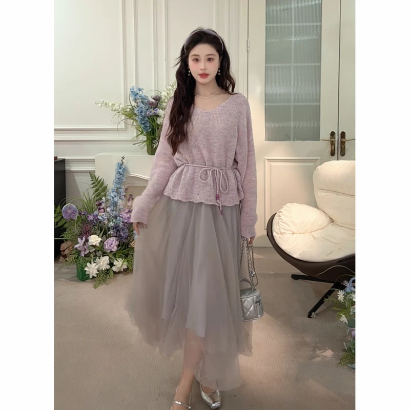 【清清】MOMO气质显瘦半身裙纱裙灰紫色仙女裙QYM001472