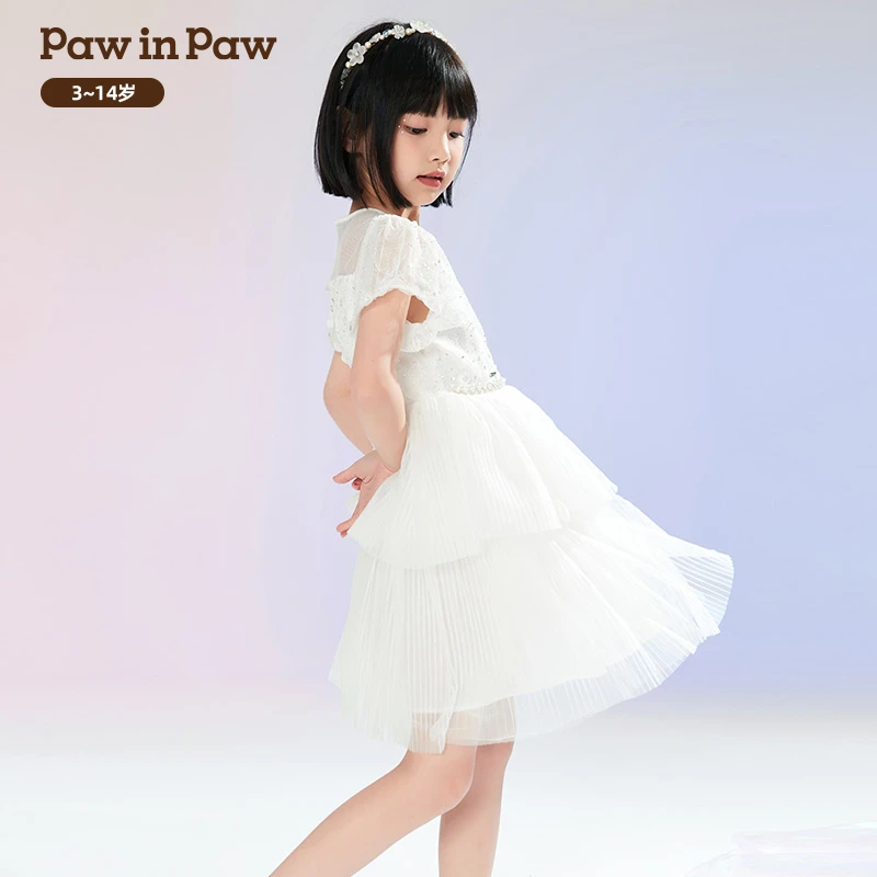 PawinPaw卡通小熊童装儿童夏季女童公主风网纱短袖连衣裙