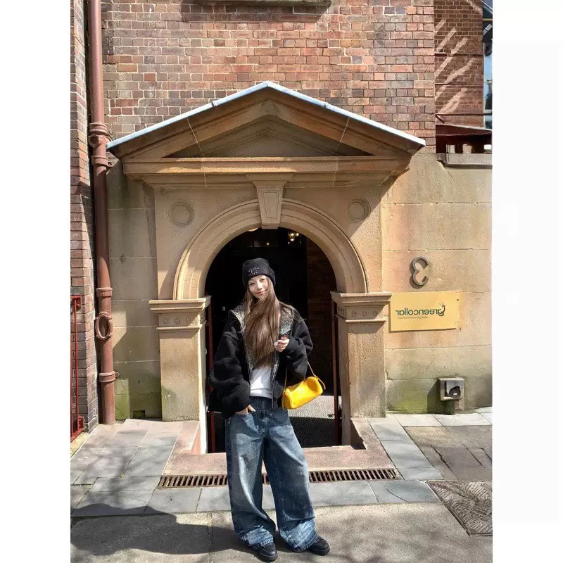 '冰盐牛仔'复古高腰显瘦闪电纹水洗宽松牛仔裤