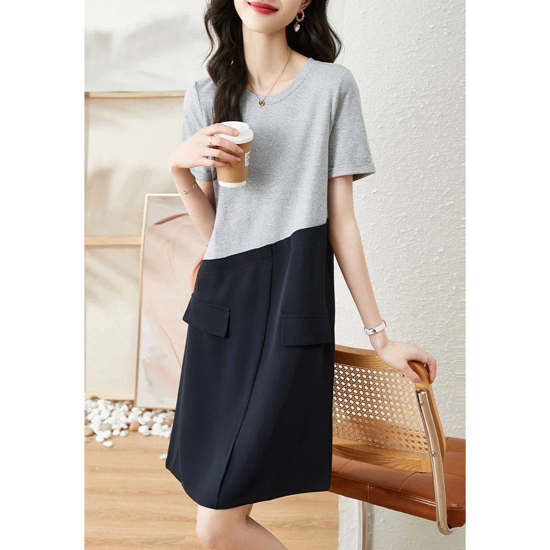 沫晗依美【撞色拼接裙子】夏季新款休闲透气宽松百搭女连衣裙3074