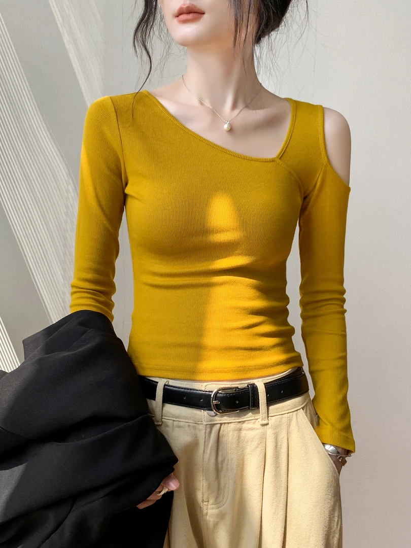 斜领镂空设计感长袖T恤女2025秋季新款修身露肩内搭打底衫上衣女