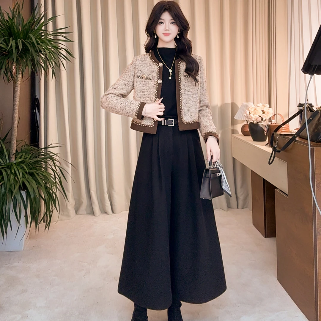 【加棉上衣+黑色裤子】2025秋冬新款小香风气质洋气轻奢长袖套装