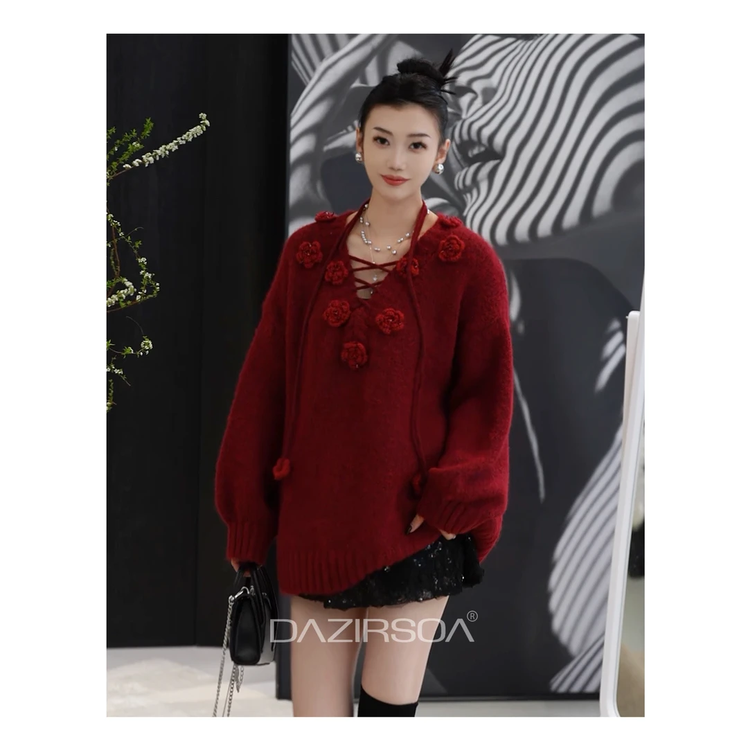 DAZIRSOA/达姿“据为己有”时尚百搭拼接立体玫瑰花V领毛衣 W927