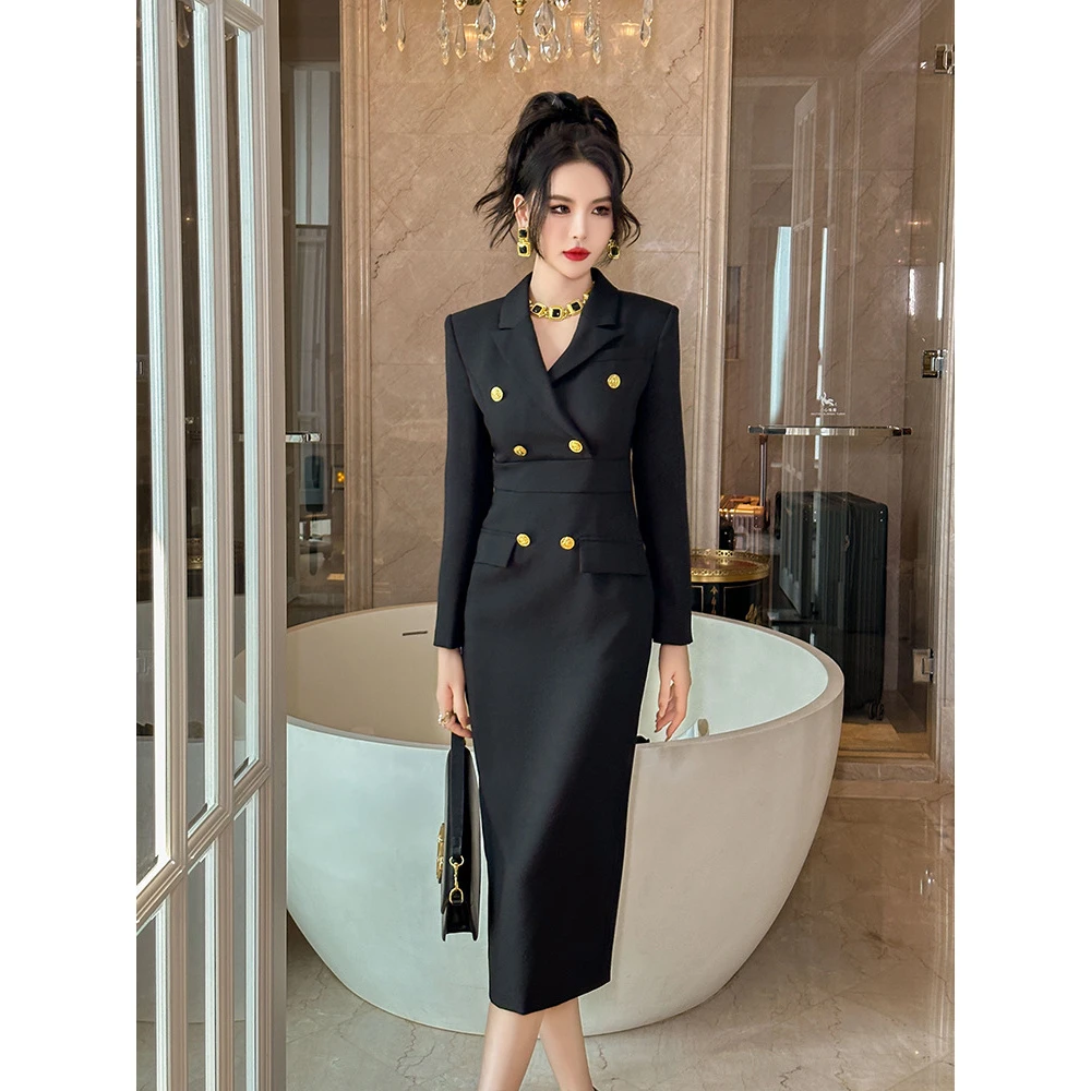 2025秋装新款女装御姐风气质西装领双排扣修身包臀连衣裙名媛法式