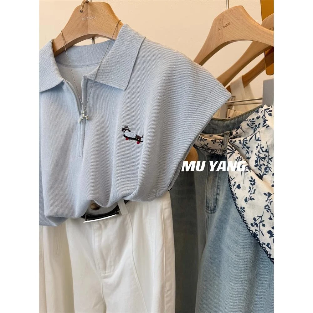 夏季时尚刺绣滑板狗无袖翻领半拉链针织衫女洋气显瘦百搭短款上衣