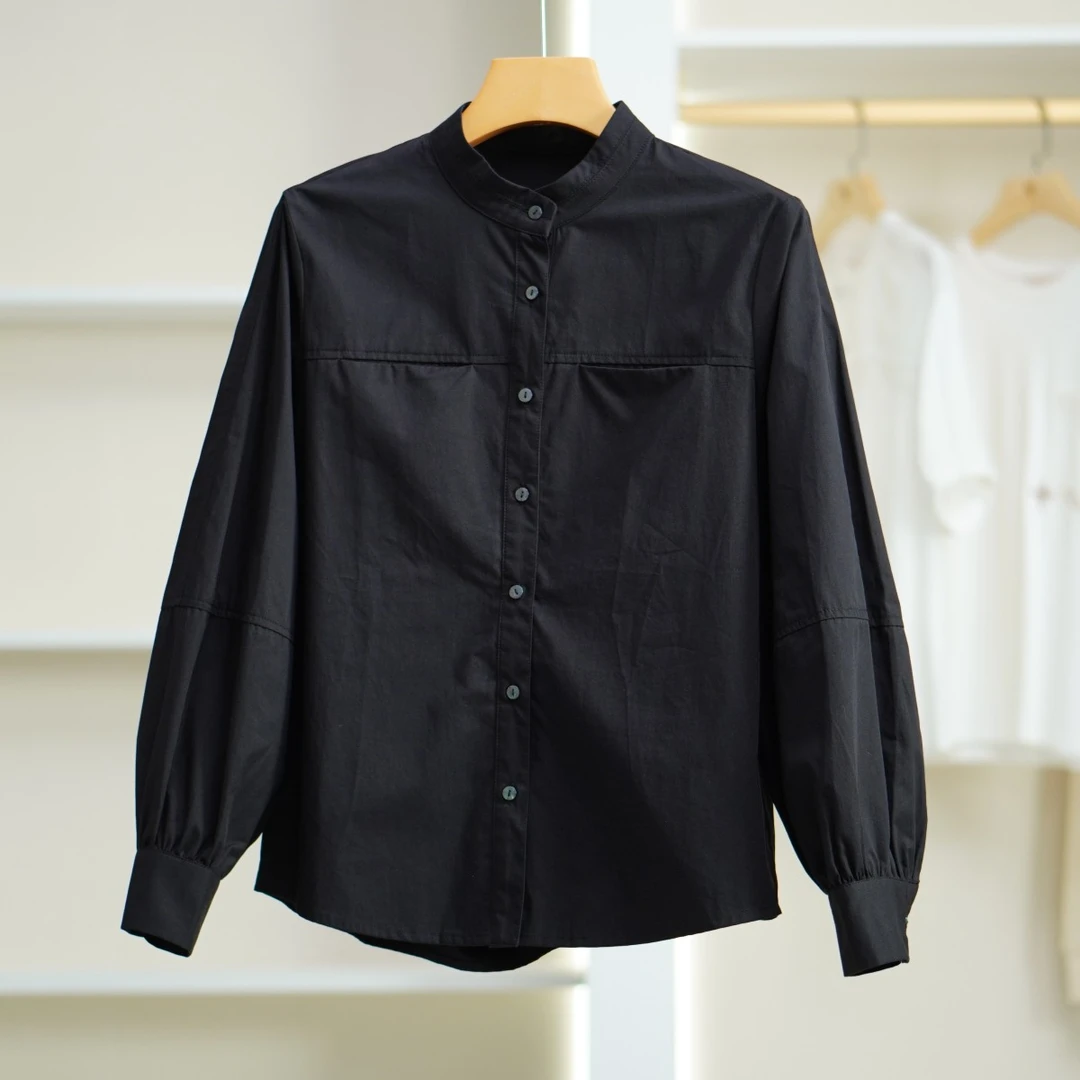 【诗M】S196  女装春季简约立领造型袖衬衫黑色2101090