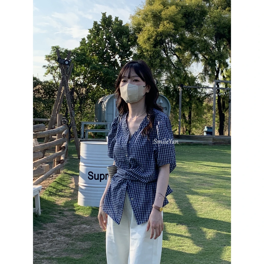 【SmileYan】（冰川蓝调）韩系V领系腰小衫