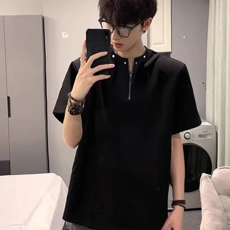 ins亨利领铆钉青少年短袖男夏季痞帅高级感半拉链t恤美式重磅半袖