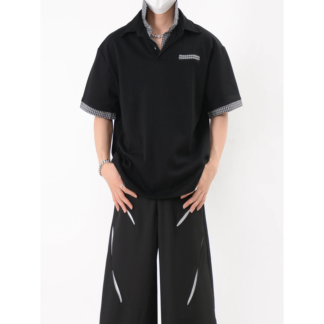 LUCE GARMENT夏季小众设计感撞色拼接假两件polo衫男短袖休闲上衣