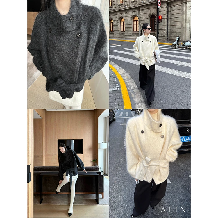 阿琳ALIN【澈境之诗】冬羊绒羊毛立领大衣女双色系带短外套AL5PMW12