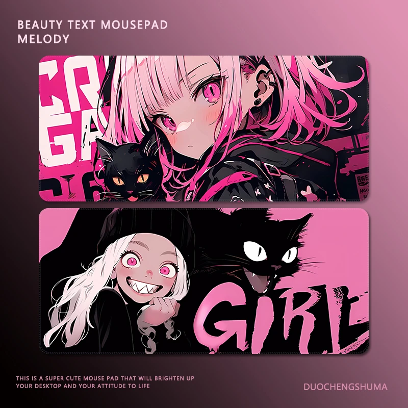 涂鸦黑猫女孩鼠标垫黑粉高颜值超大护腕电竞滑鼠垫办公键盘桌垫