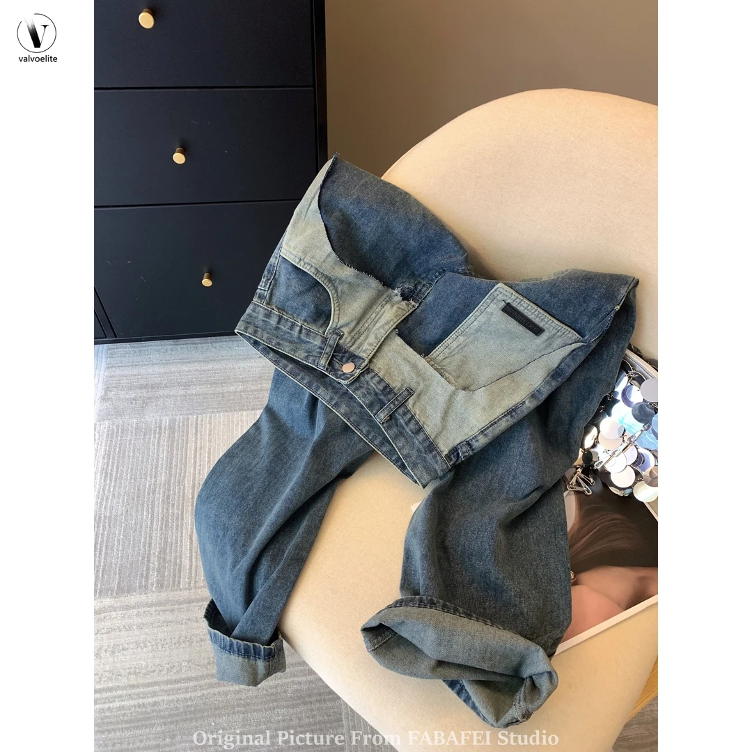 VALVOELITE设计感拼接阔腿牛仔裤初秋高腰初秋美式高腰阔腿牛仔裤