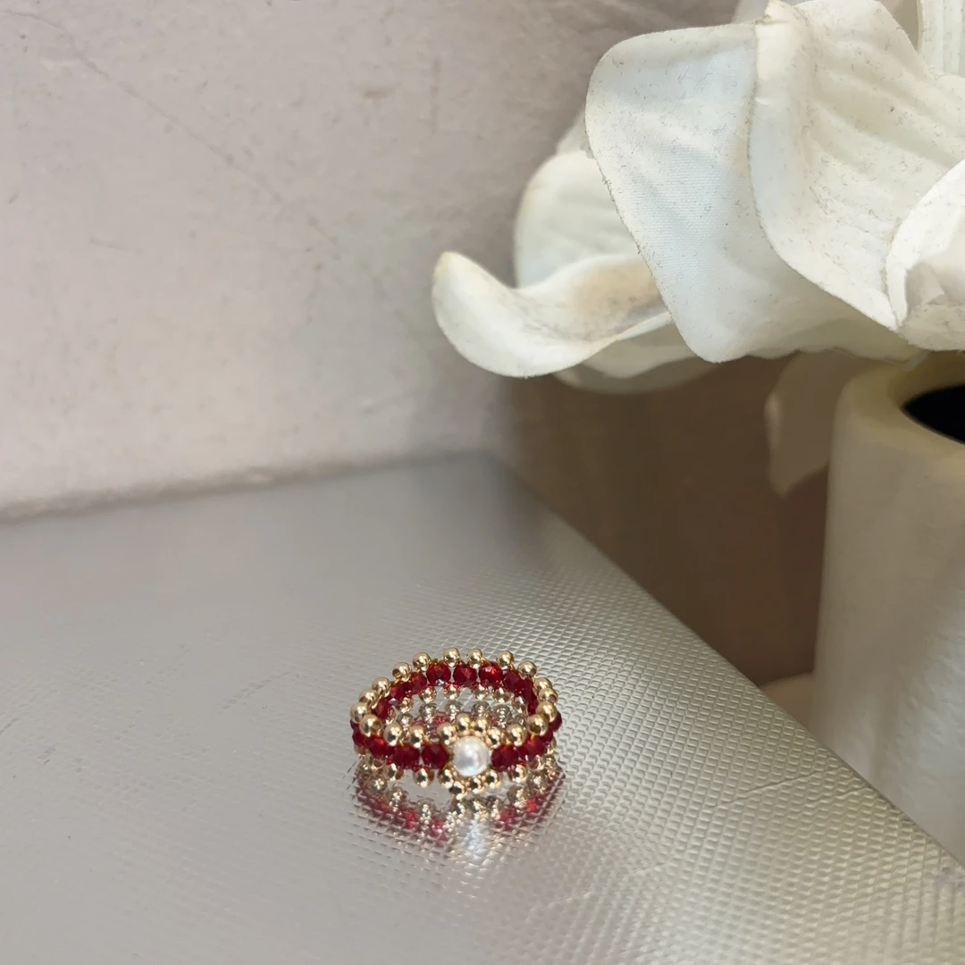 铜合金戒指 东大门复古红珠珠戒指J20