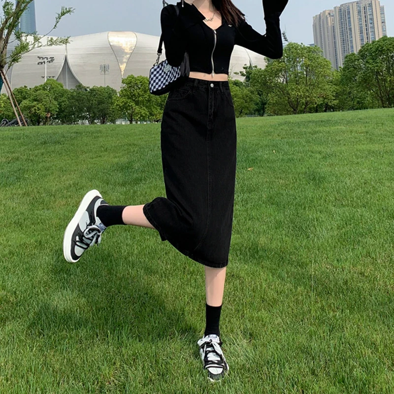 黑色高腰显瘦中长款百搭开叉包臀牛仔半身裙女