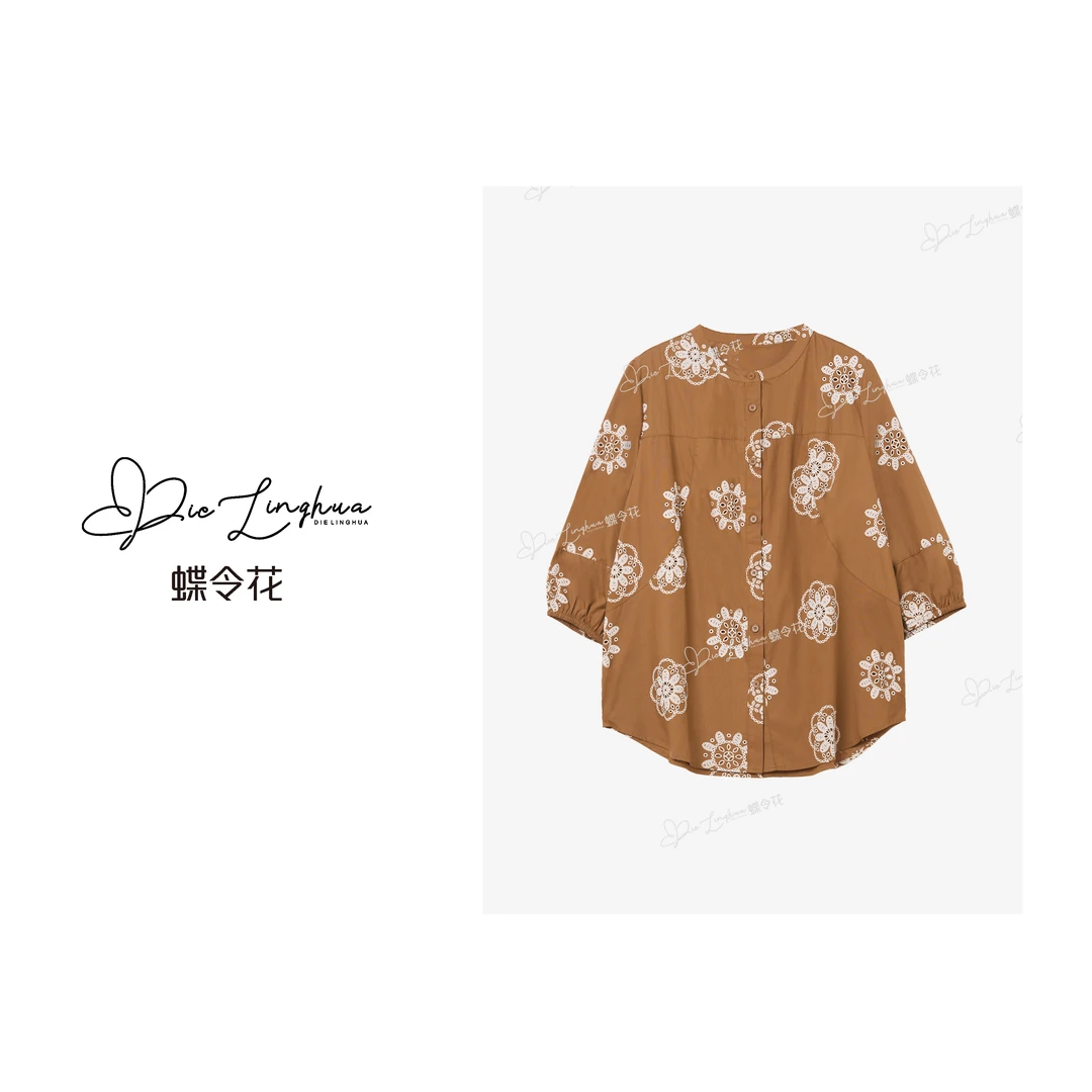 蝶令花夏季复古碎花点缀印花时尚宽松闲适七分袖圆领衬衫520081