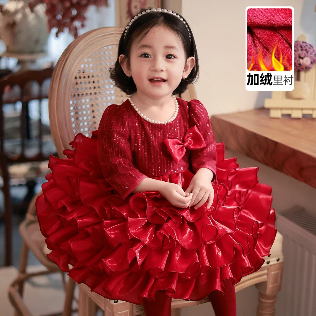 周岁女宝宝礼服冬抓周宴生日女孩一岁衣服红婴儿童蓬蓬女童拜年服