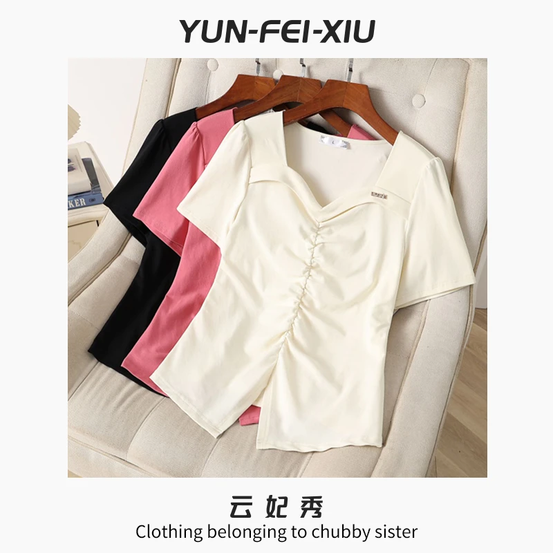 云妃秀大码女装上衣时尚休闲微胖宽松显瘦气质减龄褶皱T恤春9398