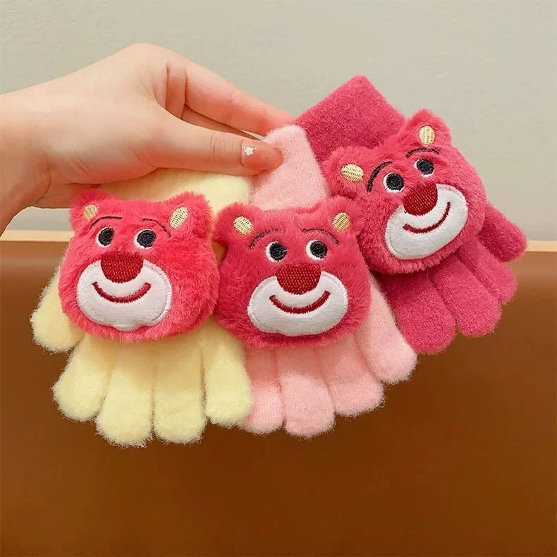 草莓熊儿童手套冬季女童可爱连指手套保暖小孩五指手套冬天女GJL
