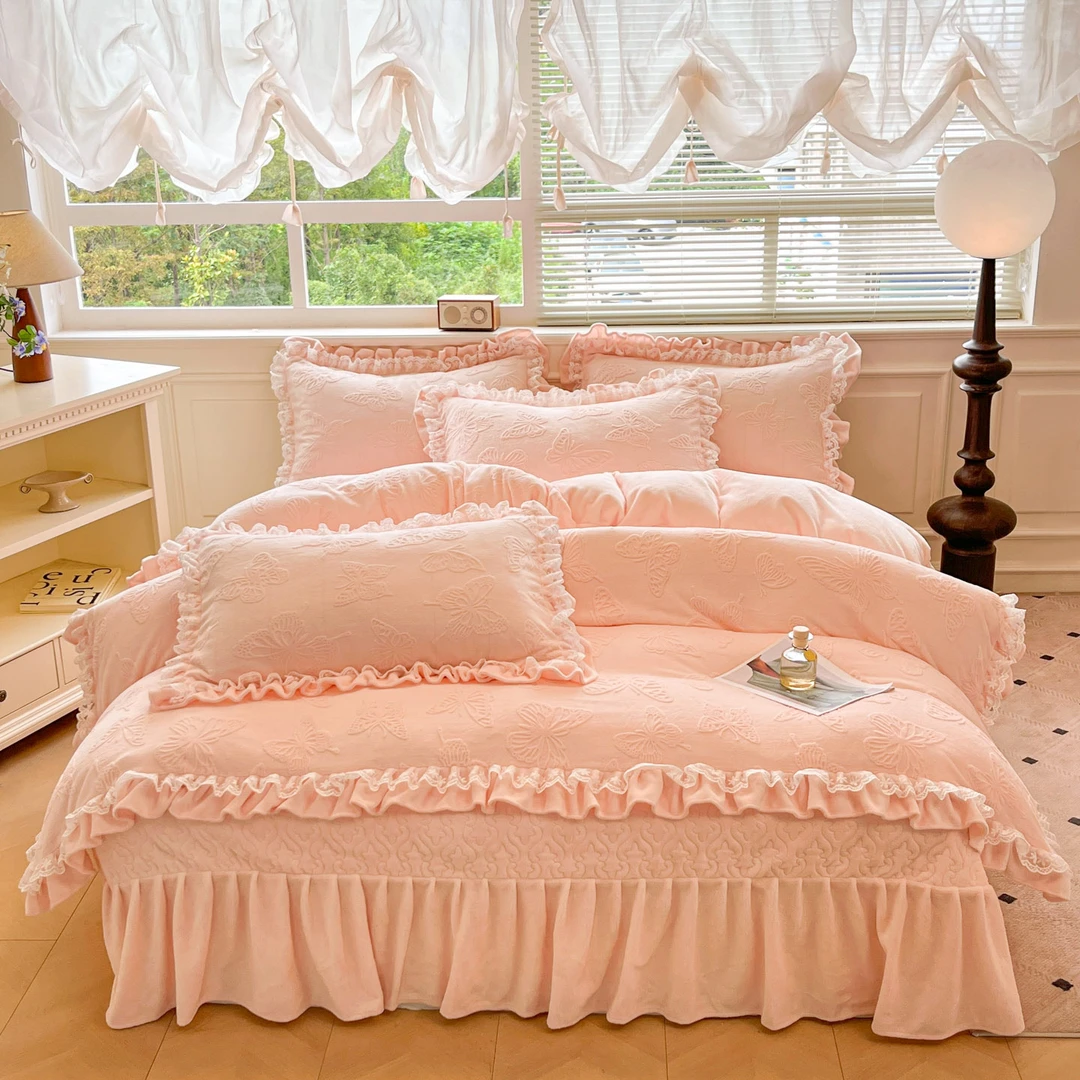 韩版加厚牛奶绒床品套件床盖四件套加绒刺绣公主风床裙