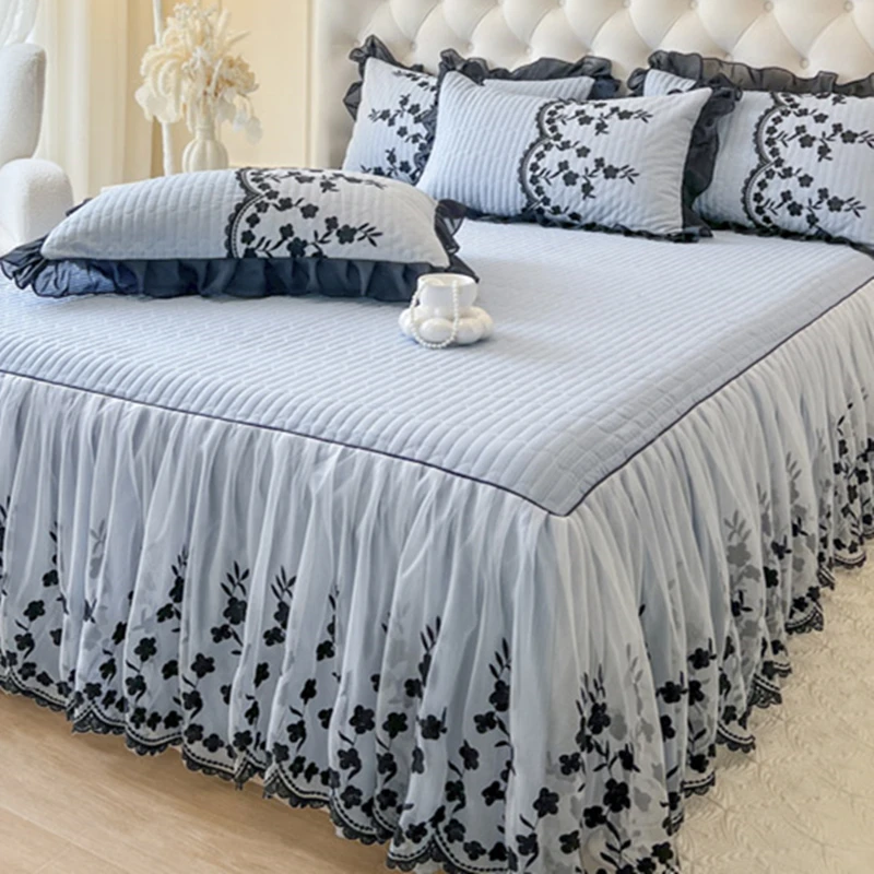 法式赫本风夹棉蕾丝床裙单件防滑加厚纯色韩式公主床罩四季通用