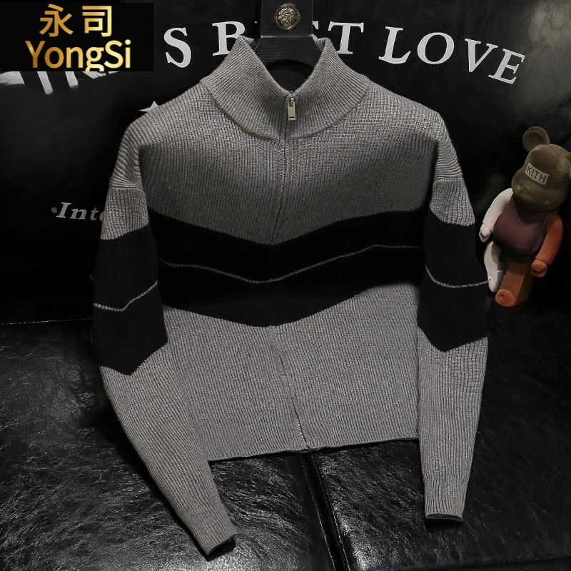 2025秋冬新款潮牌男士拼色针织拉链开衫痞帅立领休闲百搭毛衣外套