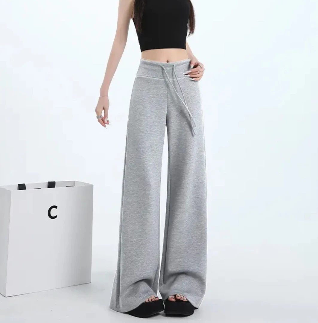 运动风抽绳高腰阔腿卫裤垂感拖地休闲裤【8708】Z