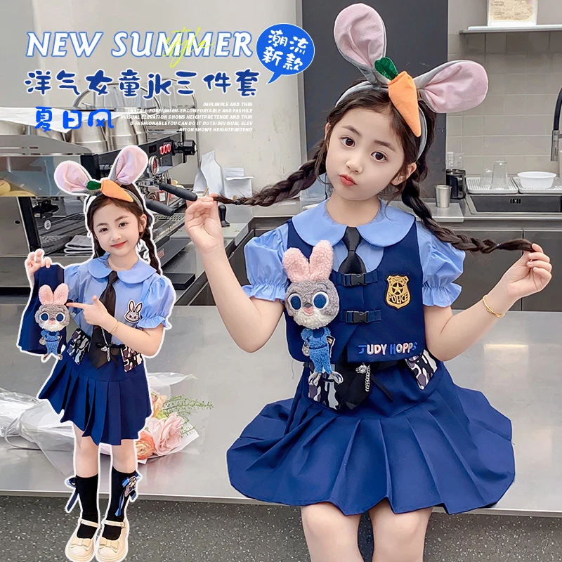 套装学院学院风童装女童女夏季刺绣jk百褶裙小学生卡通女孩裙子