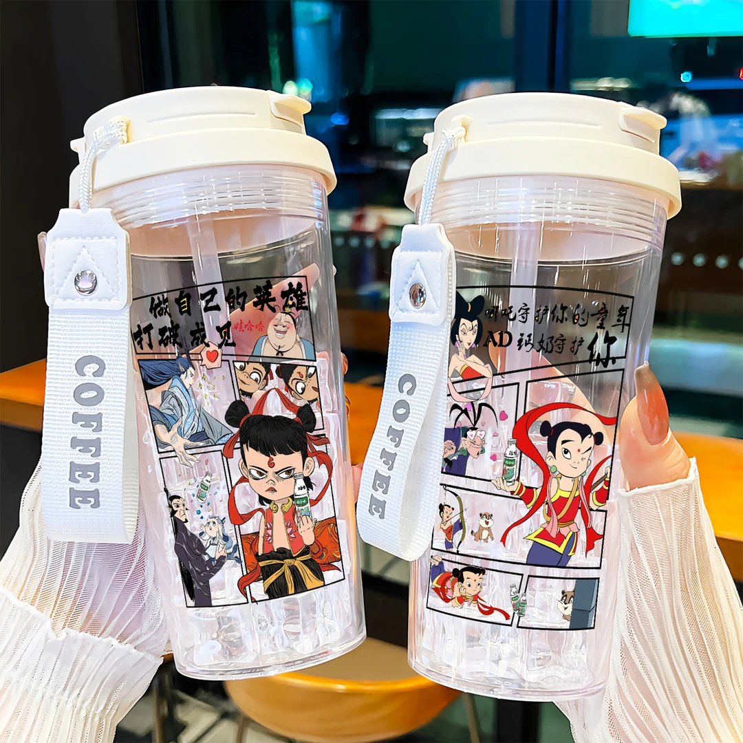 动漫哪吒夏季大容量水杯新款运动便携男女学生塑料防摔双饮杯子