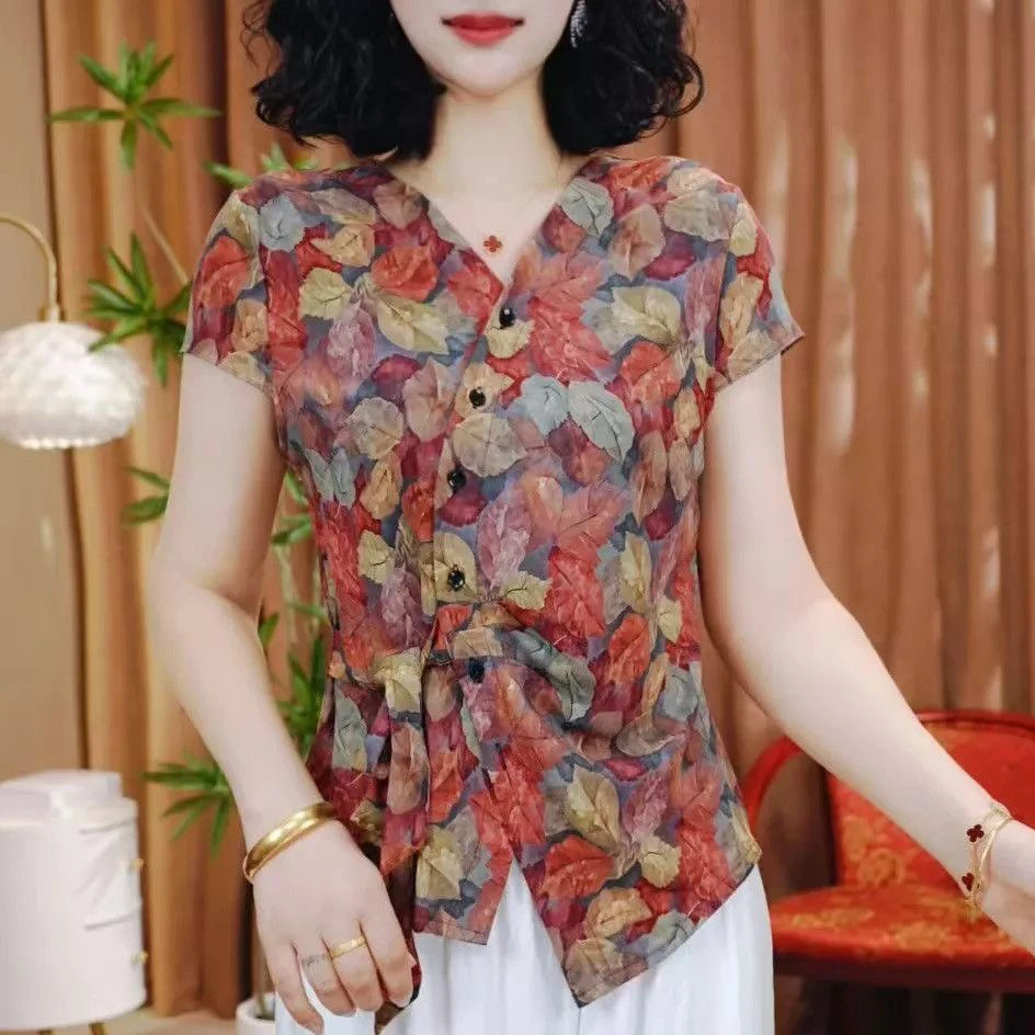 夏季新款休闲洋气短袖V领百搭显瘦开衫式上衣小衫妈妈装