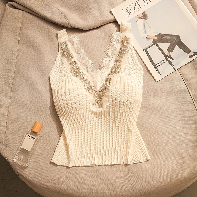 名媛闪钻蕾丝针织吊带背心女外穿夏季纯欲性感v领打底衫内搭上衣