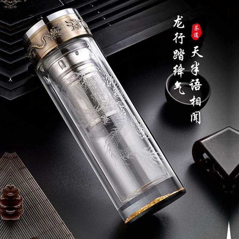 双层金龙透明高档玻璃杯便携耐高温男士商务高颜值送礼家用水杯