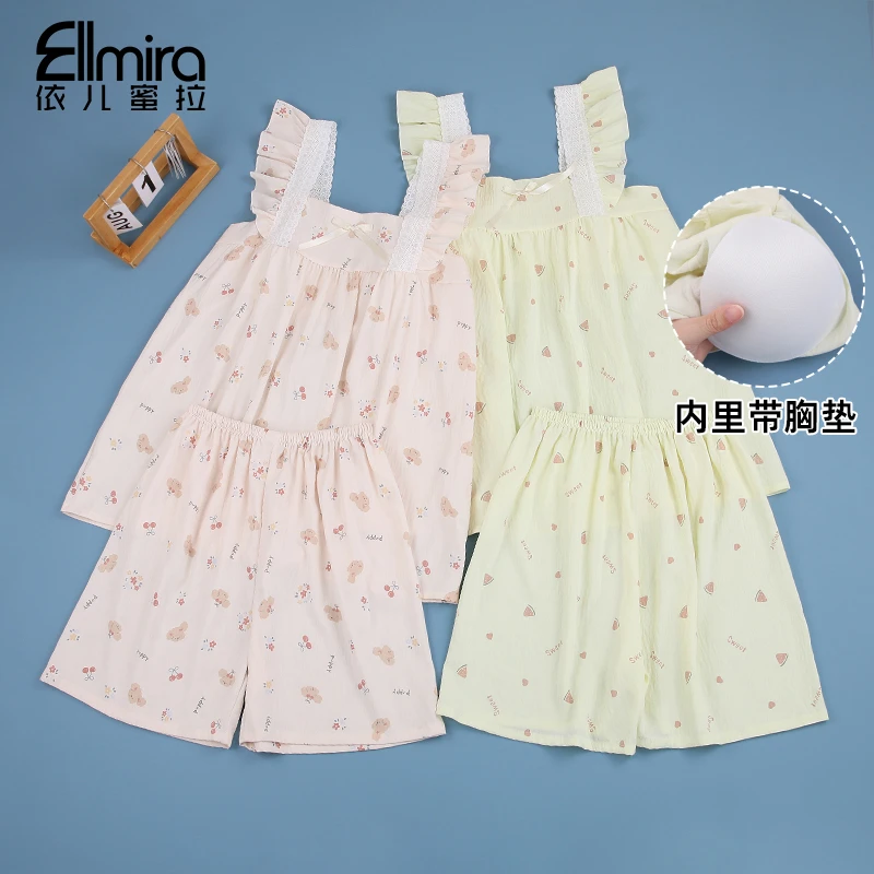 9389睡衣无袖有胸垫短裤家居服套装两件套宽松空调服洋气夏季薄款