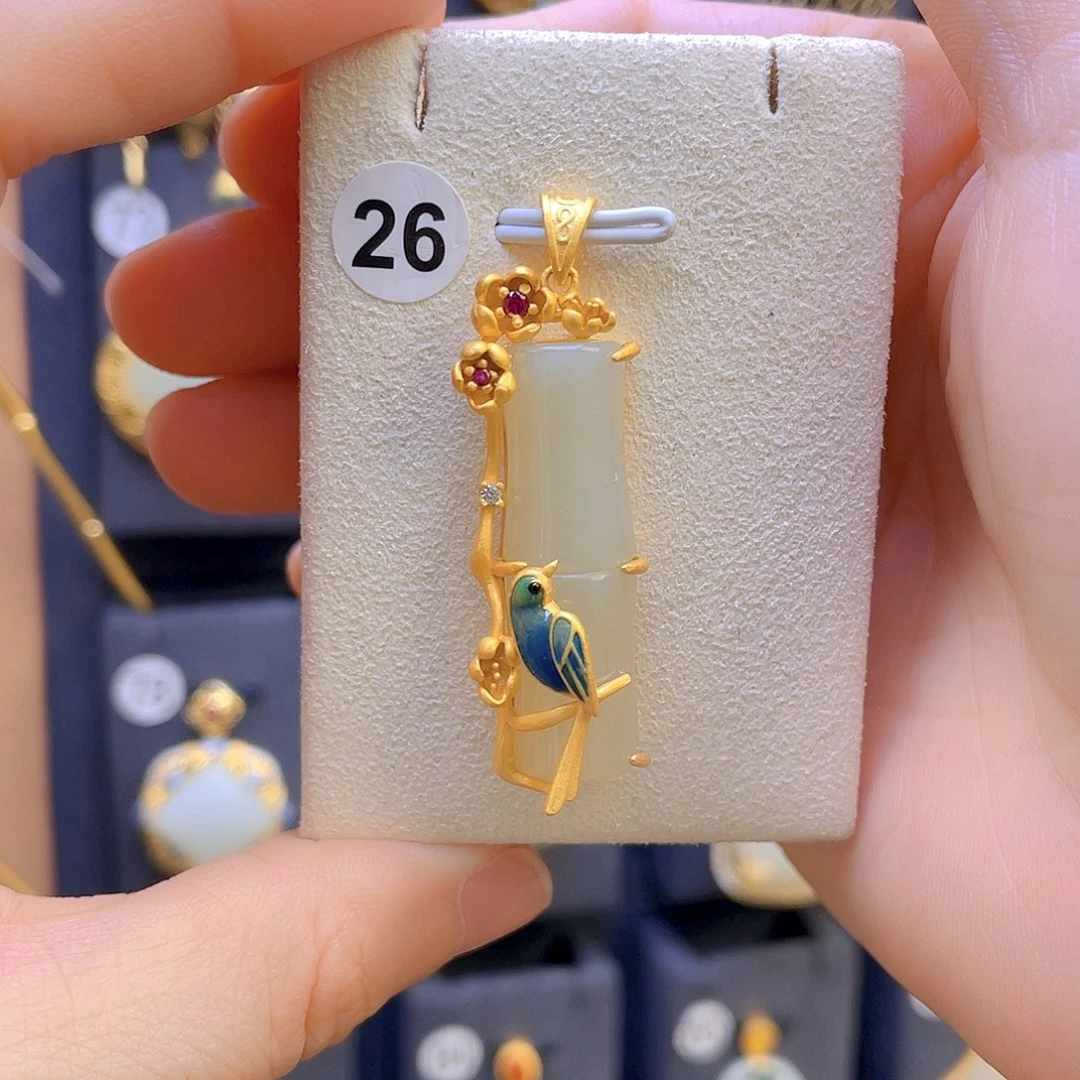 和田玉颈饰银S925镀金镶嵌