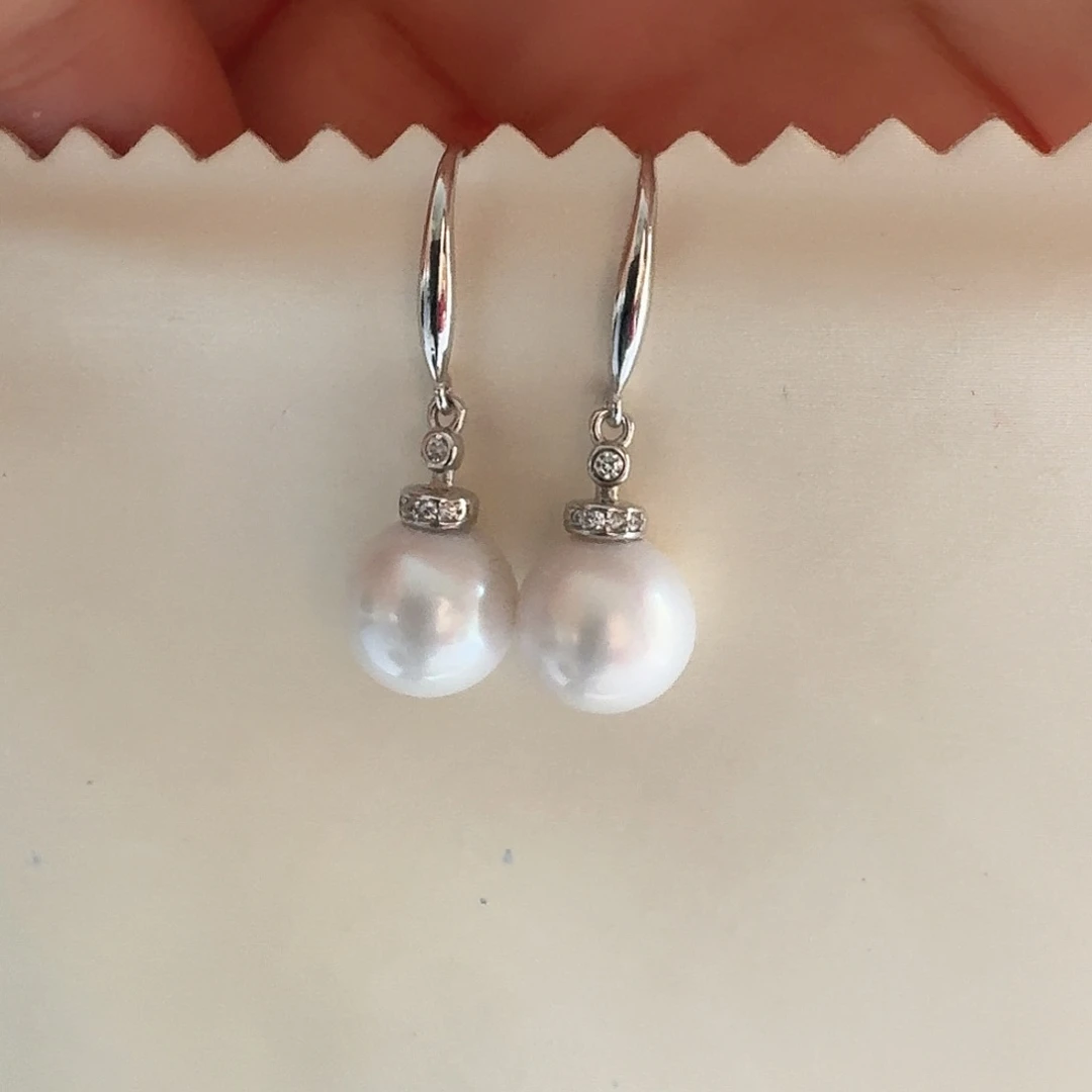 银S925镶嵌淡水珍珠耳饰9-10mm耳钩