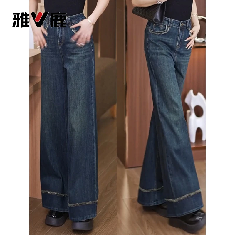 雅鹿复古时尚阔腿牛仔裤女2025年春秋爆款高腰显瘦宽松显瘦直筒裤