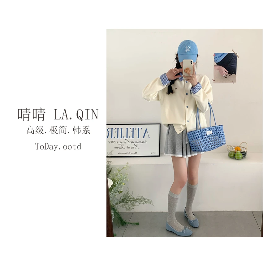 LA.QIN-【热度持续】1韩系氛围感休闲百搭翻领格子领开衫外套3220