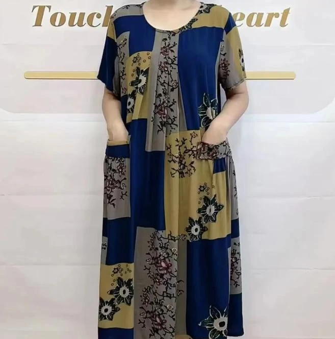 圆领双兜中长款连衣裙夏季新款中老年女装韩版简约遮肉显瘦女气质