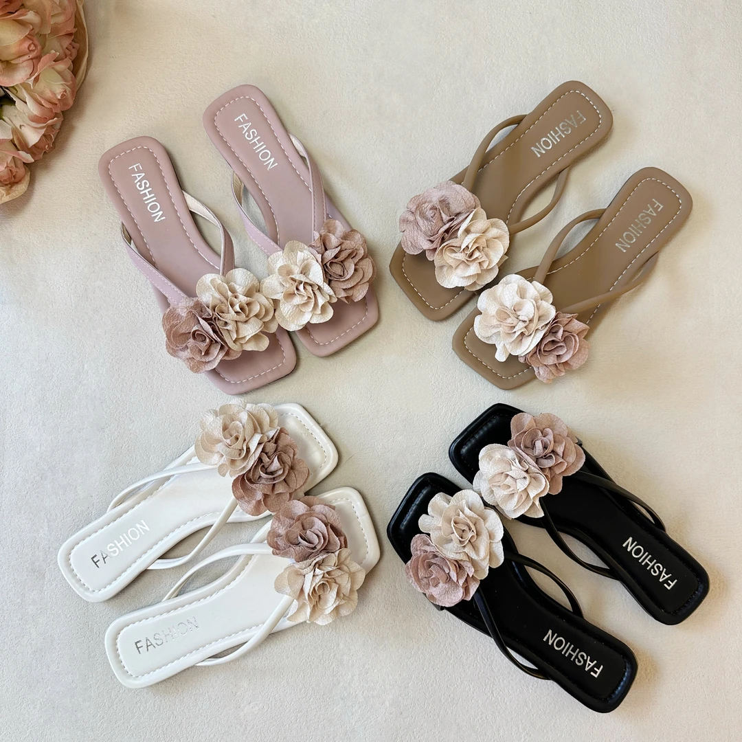 花朵平底一字拖鞋女外穿2025夏季新款仙女风百搭度假海边沙滩拖鞋