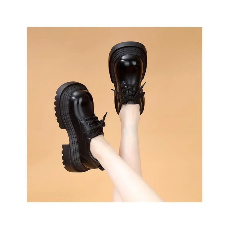 欧版松糕底厚底纯色薄款浅口系带秋冬乐福鞋高跟交叉绑带嘻哈风