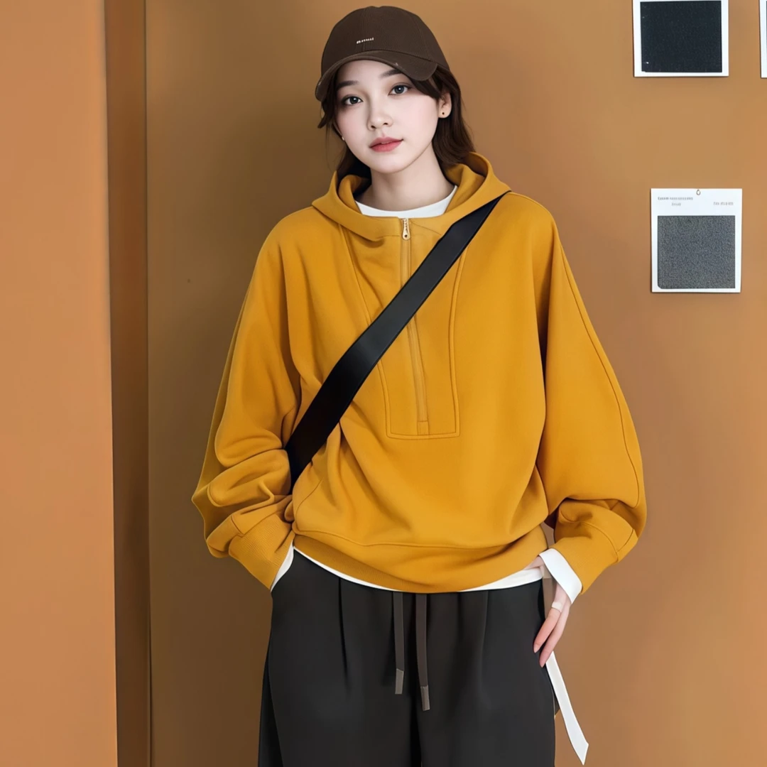 美式时尚半拉链连帽卫衣女2025秋季大码胖MM慵懒风时髦百搭上衣